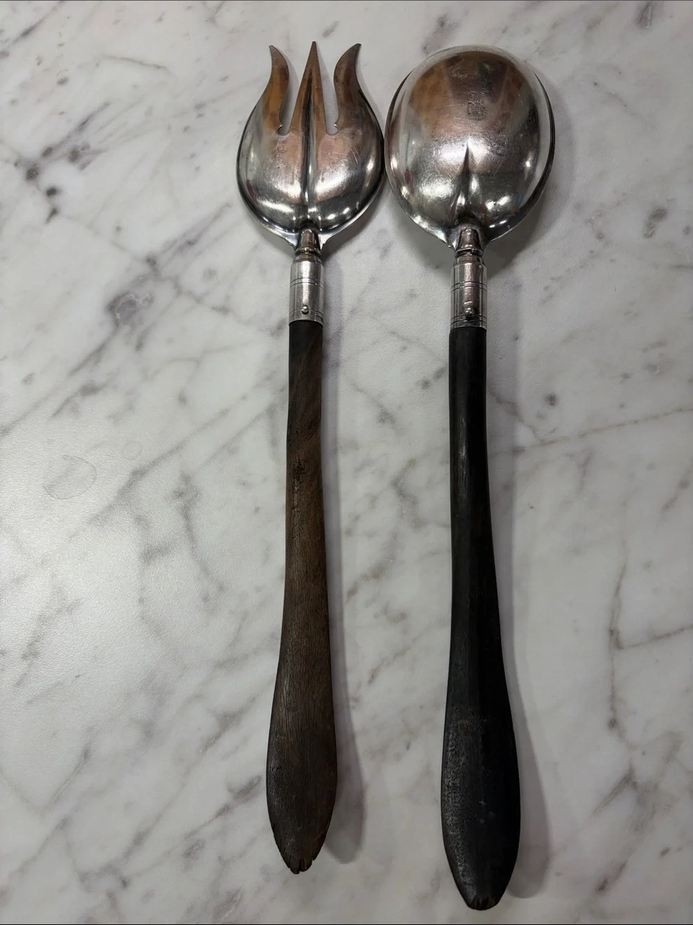 Set Wood Handle . Marked Nickel silver Salad Servers wood. Antique vintage.